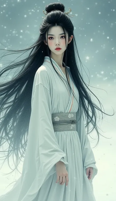 Japanese painting。 Katsushika Hokusai style。Very beautiful goddess。 pale skin。Creepy Laughter。whole body。Ancient Japanese Goddess。 very long black hair。Narrow eyes。A pure white kimono and a thin white belt。silver-colored plain background。Blizzard