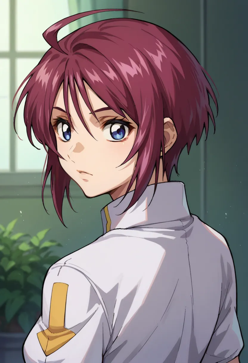 lunamaria,1girl,solo,blue eyes,red hair,short hair,ahoge, from back,