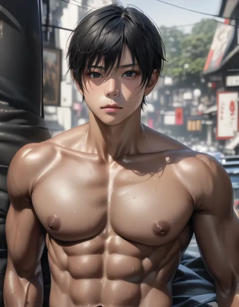 (solo idol japanese boy), abs, Black short Hair, detailed Black Eyes, (dark skin:1.5), topless, (detailed nipples), black thong,best quality, 4k, 8k, highres, (masterpiece:1.2), ultra-detailed, (photo realistic,:1.37), looking at viewer,--no watch,