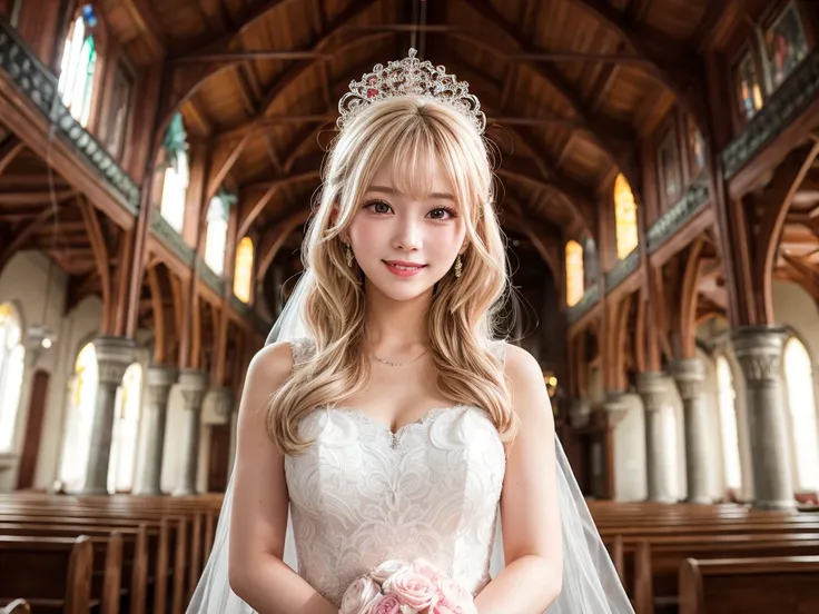 White、 20 year old girl looking like a villager、church、Princess Peach costume、Blonde、smile、 pink lips、 pink wedding dress
