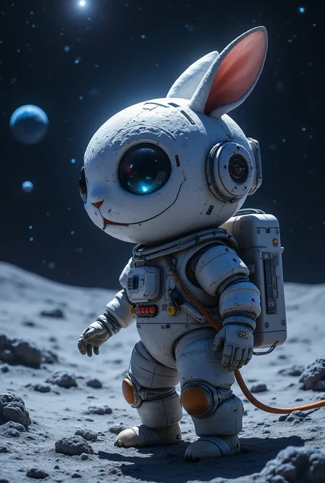 moon, moon base,:The shape of a rabbits face, 兎の顔の形をした精密な機械のmoon base, a bipedal rabbit-like universe person living in the large eyes, Cutting-edge technology, universe, beautiful universe, Small Earth is visible in the distance, (((UHD, masterpiece, super...