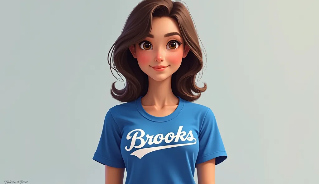 isabella wearing a blue t-shirt with the logo "brooks "  in baseball style on the chest