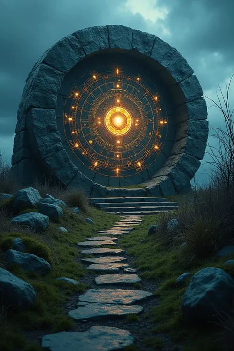 A cinematic logo, high-contrast photograph of an ancient, mysterious, circular star gate constructed from weathered, moss-covered stone, its face intricately inlaid with a series of cryptic, unidentified symbols that shimmer with an otherworldly essence, s...