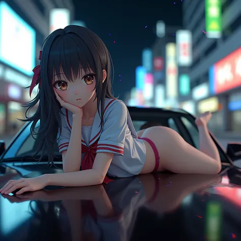 Realistic, Live-Action, (XLabs F.1 Realism LoRA V1), ExtremeAngle, ExtremelyDetailed Illuminated JK Lying on the Car,  Spread Knees Up, Leggy Pose, ClearlyVisible Shape of Public Area, Haunting Beautiful Reflective Eyes, Tiny Coronet, SailorUniform with Re...