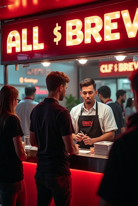 this guy behide a stand like a hotdog stand but then a coin stand with all led sign with $BREV written on it  and also led sign with presale live! written on it he is wearing a apron with $BREV written on it. he is helping a costumer filling out a form to ...