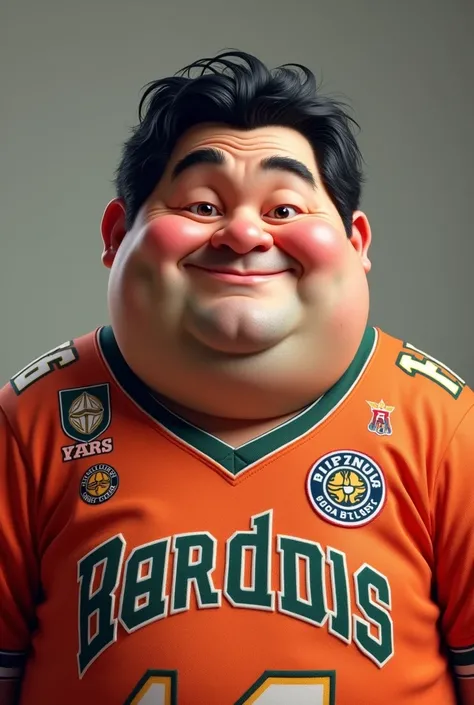 Chubby 50-year-old black-haired guy dressed in the sports team jersey