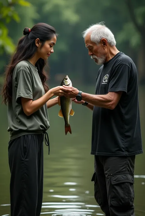 realistic, cinematic, Close-up, a beautiful Indonesian woman is giving a fish to an old man. He was wearing a black T-shirt with the SOCRATES logo, black cargo pants and sports shoes. She had long black hair that was tied up.