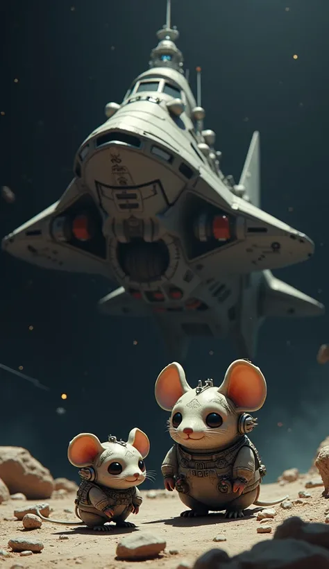 A small spaceship that looks like a mouse next to a large spaceship