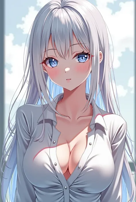 Women,  anime style,  white hair,  blue eyes,  cup white shirt with neckline, Busty S 