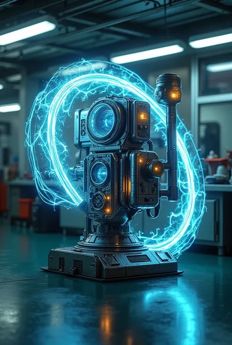 Futuristic Time Machine: A sleek, glowing machine set in a lab, with swirling energy streams emerging from it.