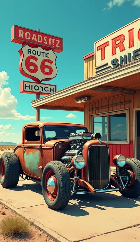  realistic pictures, Rat Rod Car   , Route 66 vintage diner masterpiece , masterpiece,  poster and magazine illustration effect,  American-style promotional posters, 