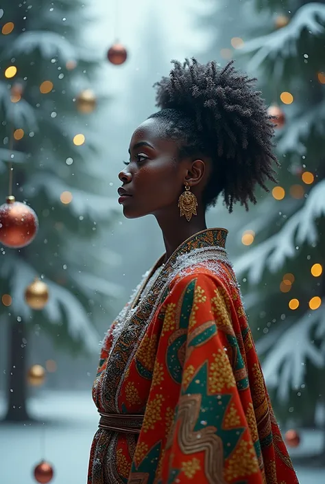 a beautiful image of a black woman dressed in african designed clothes shining with ice crystals, standing in a forest of christmas trees lit with christmas lights, christmas metallic balls of various colours floating in the air surrounding the woman, very...