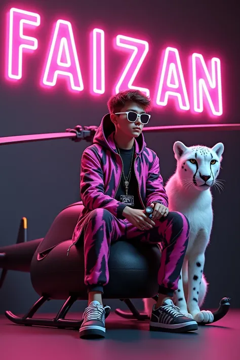 Create a 3D illusion for a profile picture where a 18 Year old attitude boy in a sunglasses and pink and black lightning dress Sitting casually on a helicopter fantasy . With a pink neon light HandPanch hand. And a ferocious peregrine White Cheetah by my s...