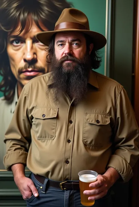 The photo shows a man with a massive neck and a thoughtful expression on his face. He is wearing a long-sleeved khaki shirt decorated with a small floral print and dark jeans. On his head is a felt hat of a swamp shade with a satin ribbon. His beard is nea...