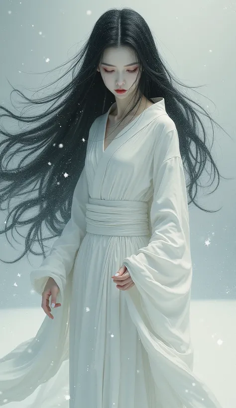 ((Japanese painting:1.2))。 Katsushika Hokusai style。Very beautiful goddess。((( pale skin。Creepy Laughter。whole body。Ancient Japanese Goddess。 very long black hair。Narrow eyes。A pure white kimono and a thin white belt:1.4)))。silver-colored plain background。...