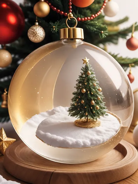 a transparent glass ball hangs on a christmas tree on a silver thread, inside the ball, a christmas tree