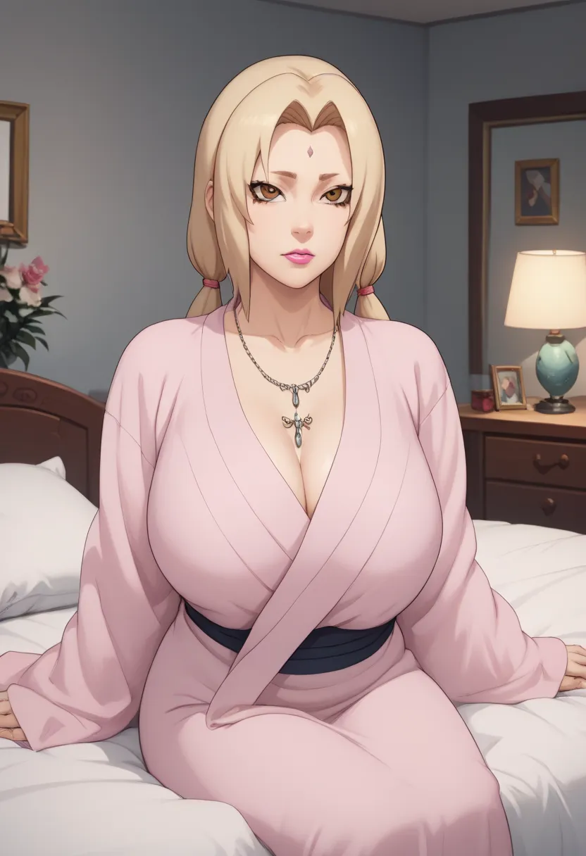 tsunade senju. grandmother. long, blond hair tied in two ponytails. brown eyes. pink lipstick. huge saggy breasts. bbw. necklace...