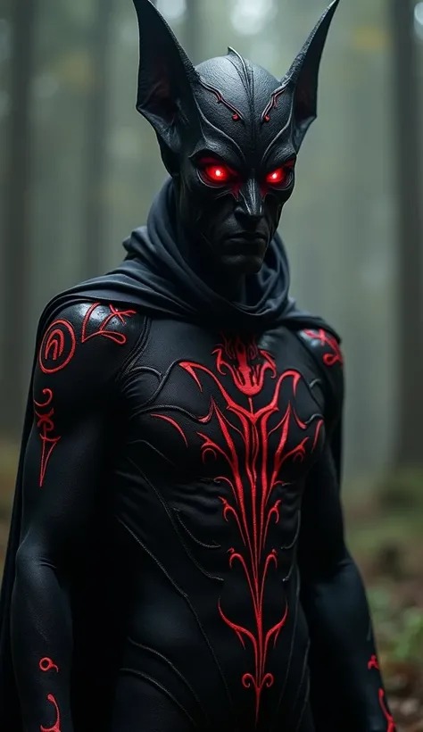  a tall and thin figure ,  covered by a dark layer that looks like an extension of the shadows themselves .  He wears a black suit with bright red touches in the form of mystical runes They blink as if they were alive .  His mask has pointed ears like thos...