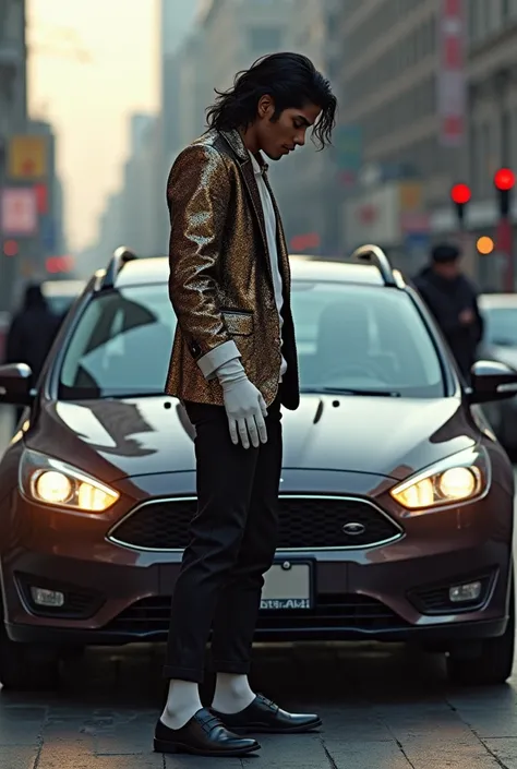 Micheal Jackson accanto a una Ford Focus station wagon del 2016