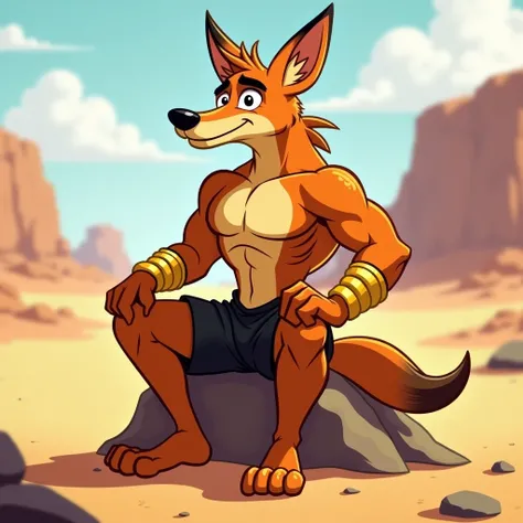  brown muscular jackal furry jock in gold bracelets, in black shorts sits on a rock in the desert in cartoon style