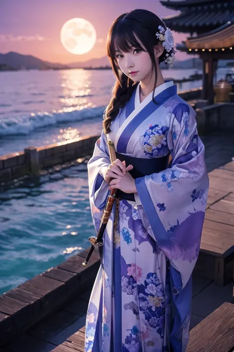 Beautiful girl in kimono　 has a sword　 Under the Moonlight　 anime style