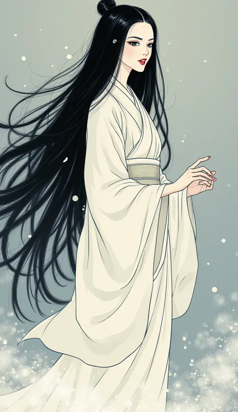 ((Japanese painting。Thick outline、Flat Color:1.2))。 Katsushika Hokusai style。Very beautiful goddess。((( pale skin。Creepy Laughter。whole body。Ancient Japanese Goddess。 very long black hair。Narrow eyes。A pure white kimono and a thin white belt:1.4)))。silver-...