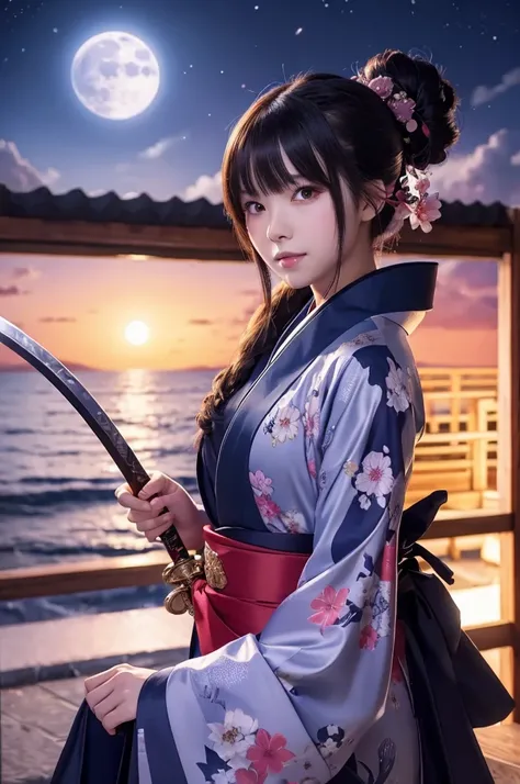 Beautiful girl in kimono　 has a sword　 Under the Moonlight　 anime style　Naughty