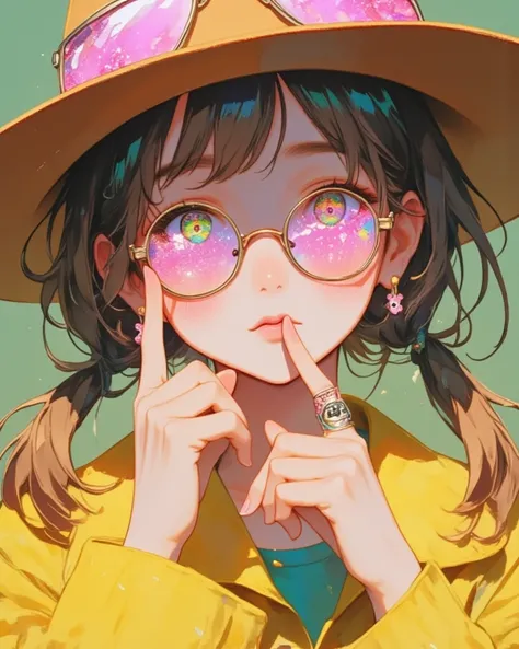  Close-up of a person wearing a hat with pink sequins and shiny glasses and round colored glasses She wears her index fingers close to her mouth, Put your lips as if you were going to kiss painted with pink glitter  ,  on her fingers she wears rings she we...