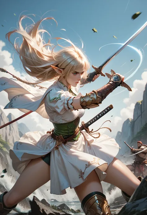 woman fighting, strong, wearing a sword , warrior, hair in the wind, big boobs, laufen, elf ears, long hair