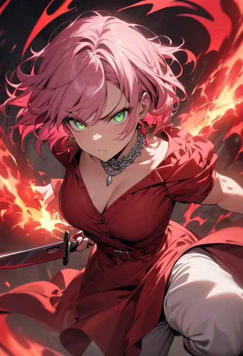 High Quality, Masterpiece, (1man), pink hair, center part hair, short hair, red earrings, silver necklace, green eyes, dark red dress shirt, white pants, dark red belt, holding a knife, Surrounded by a glowing red aura, emanating energy, Dynamic pose, radi...