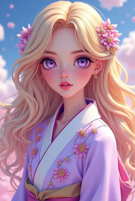 Women with long blonde Curley hair with blonde eyelashes light purple eyes wearing a white and purple kimono 
Art style: comic jelly art style
