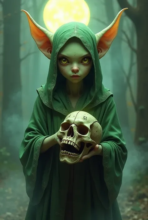 "A mystical female goblin with emerald-green skin and delicate, angular features, adorned in tattered, enchanted robes. She stands under a glowing moon, clutching a weathered skull in her clawed hand, with faint magical runes pulsing across its surface. He...