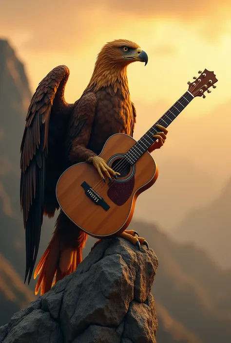 

**" An immense and powerful eagle ,  with golden feathers and piercing eyes ,  perched on a high rock .  with their sharp claws ,  she holds an aged wooden guitar ,  that shines softly in the sunset light .  Her imposing wings are slightly open ,  as if ...