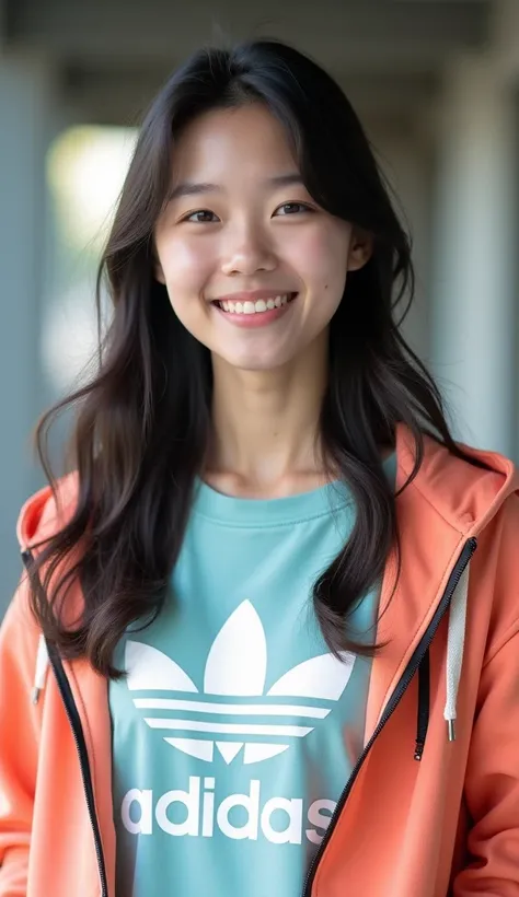 Japanese woman wearing an adidas t-shirt wearing a headshot half-zipper hoodie