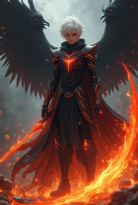 A  boy with white hair and red eyes that has compete control over black flames and is holding a scythe made of black flames and has a black flaming phoenix looming over him and has lean muscular physique and is wearing an slim menacing armor made of black ...