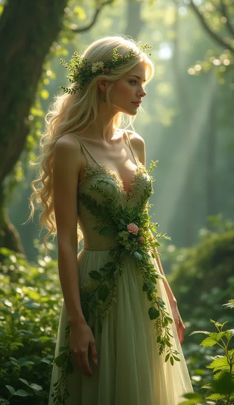 "A mesmerizing forest nymph standing gracefully among soft moss and ferns. Her figure is lithe and elegant, her bare shoulders and arms glowing softly in the dappled light filtering through the trees. Her dress is woven from delicate leaves and blossoms, f...