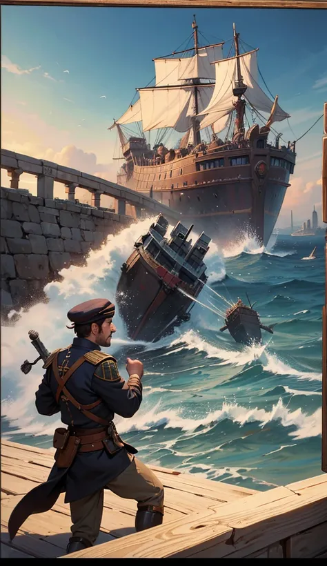 Storyboard, Comic panel layout with white border, Multi view, Immersive, Go Pro, Action Pose, Panels Battle scene. In 1451, the Ottoman Empire is besieging the city of Constantinople in the bay a naval battle is taking place Genoese galleons against Ottoma...