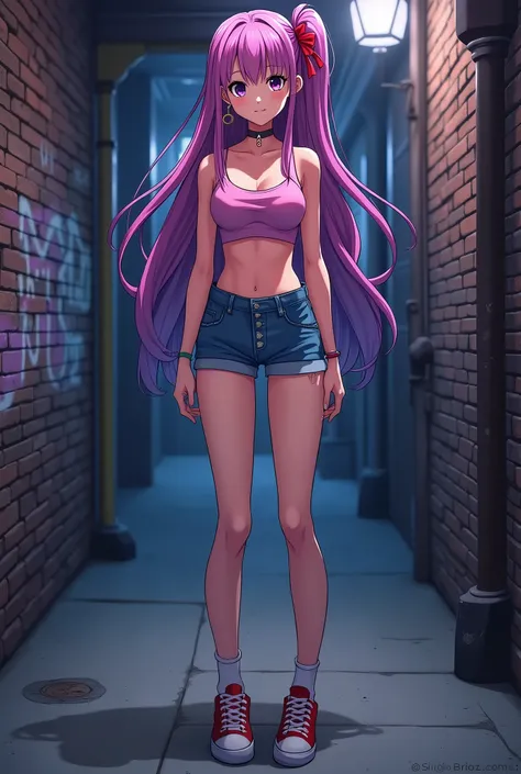 (masterpiece, best quality,anime 1girl, woman, intricate details, chromatic aberration), ((medium breath)),long hair, pink hair, red head ornament, pink highlights, hair over one eye,purple eyes, earrings, sharp eyes, choker, neon shirt, crop top, (symmetr...