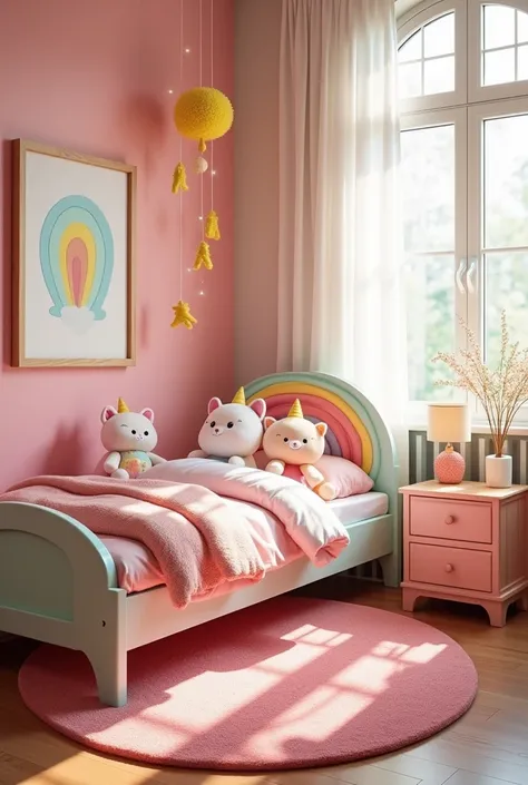 Here is a detailed prompt to recreate the third room (cute and colorful):

"Design a cheerful and whimsical rens bedroom with a vibrant, playful theme. The bed should have a rainbow-shaped headboard, soft pastel bedding, and oversized plush toys, such as u...