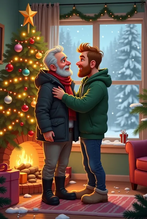 Gay couple ,  cartoon style a little old man with gray hair ,  jacket and scarf with black boots ,  the other blond with beard ,  green hoodie and slippers . full figure.  Together they decorate the Christmas tree with a warm and romantic atmosphere.

 Bur...