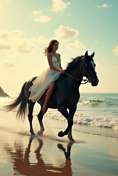 A beautiful and attractive young woman in a white short sexy dress rides a black horse along the beach. Good figure.Morning atmosphere,water color,8k,HDR