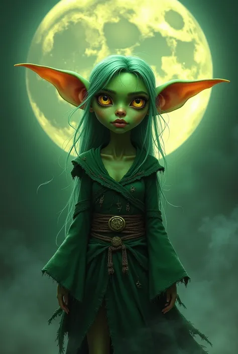 "A mystical female goblin with emerald-green skin and delicate, angular features, adorned in tattered, enchanted robes. She stands under a glowing moon, with faint magical runes pulsing across its surface. Her piercing golden eyes radiate both wisdom and m...