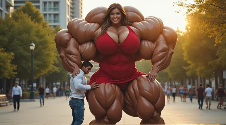 An extremely muscular and beautiful bodybuilder, 34 years old, Latina, 1.92 m tall, and weighing 140 kg. Her physique is dazzling, with massive biceps, broad shoulders, a chiseled abdomen, and powerful legs that reflect years of intense training. She stand...