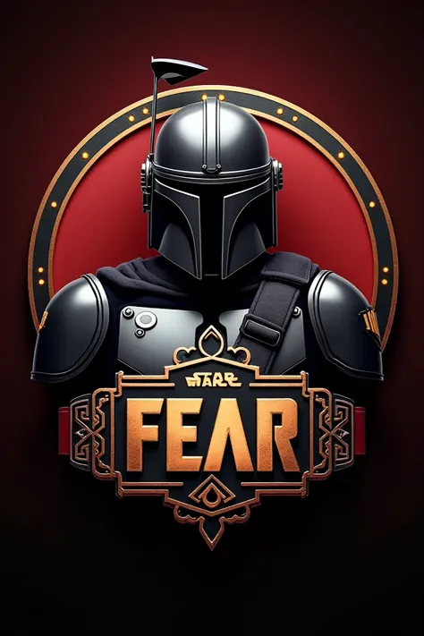 A logo-style image inspired by Metro Goldwyn Mayer: a Mandalorian bust in black armor replaces the lion at the center. Surrounding the bust is a luxurious golden championship-style belt, prominently featuring the acronym "FeAr" at its center. The belt inco...