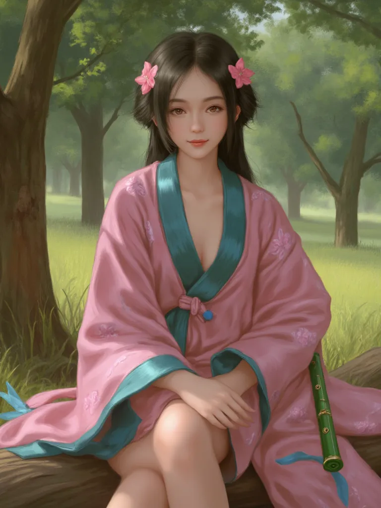 digital painting featuring a young woman in a serene outdoor setting. the style is impressionistic with soft brush strokes and a...