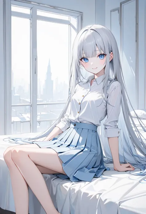  are sitting on the bed（Silver long hair　 shoulder length 　She is wearing a white shirt and a light blue pleated skirt　All the buttons on the shirt are fastened　Beautiful light blue eyes　 white skin　 Tall　With bangs　Beautiful face　Thin legs　Narrow waist　Sm...