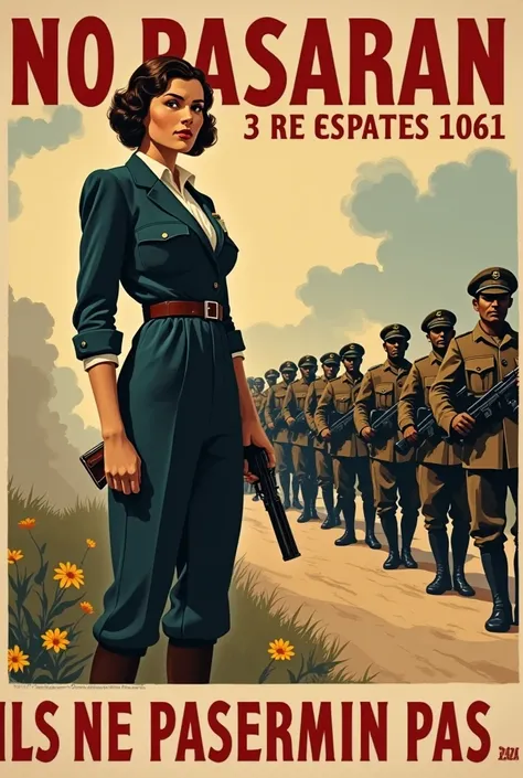 Crée-moi une affiche où l’on voit une femme au premier plan habille en tenue des années 1930 avec une balance dans la main gauche et un pistolet à sa taille, qui nous regarde. Puis en second plan l’armée aussi habille en tenue de guerre des années 1930 qui...