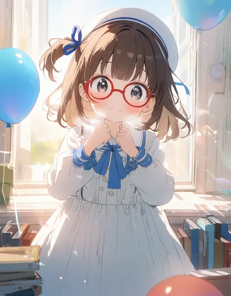 1girl, , Elementary school girl, brown hair, big eyes, black eyes, ((red round eyewear)), side ponytail, smile, blushful, cute, kawaii,
looking at viewer, long sleeves, hat, white shirt, hair ribbon, indoors, white dress, hands up, book, window, white head...