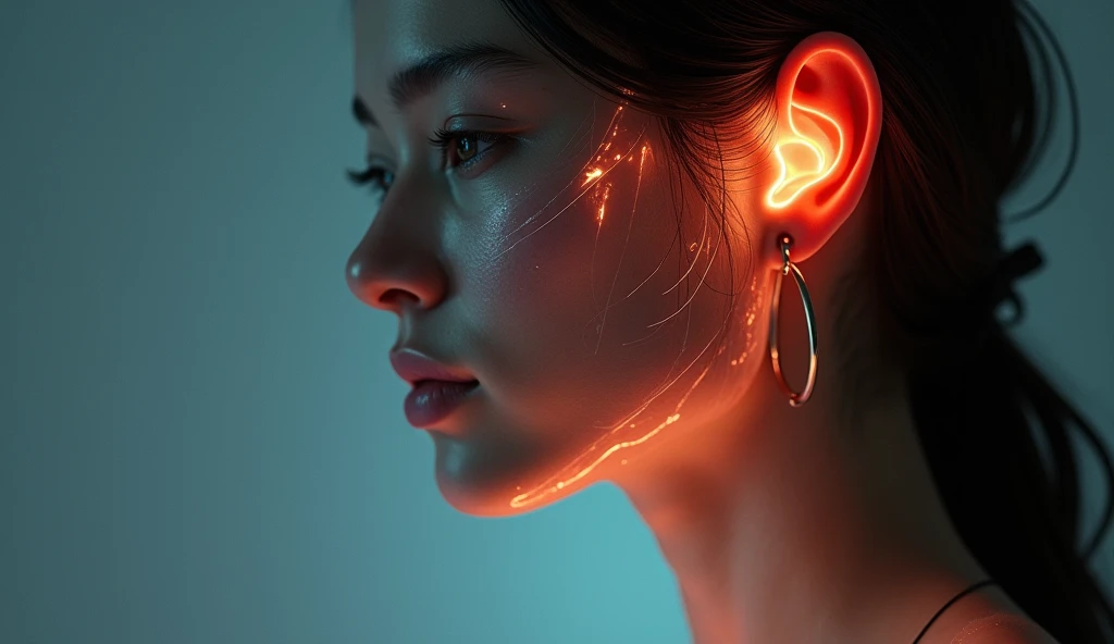 a head in front of a light with subsurface scattering on the it, the subsurface effect is more pronounced on the ear and the focus is on the ear