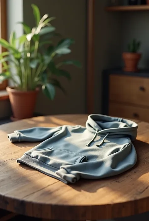 simple hoodie lies on the rustic table surface at the front